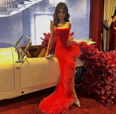 Sexy Mermaid Straps Sleeveless Long Red Prom Dress With Feather P1204