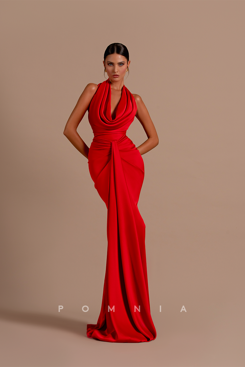 P1204 - Ruched V-Neck Pleats Sleeveless Satin Formal Evening Prom Dress