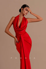 P1204 - Ruched V-Neck Pleats Sleeveless Satin Formal Evening Prom Dress