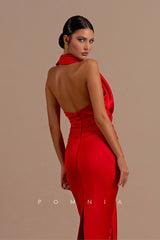 P1204 - Ruched V-Neck Pleats Sleeveless Satin Formal Evening Prom Dress