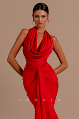 P1204 - Ruched V-Neck Pleats Sleeveless Satin Formal Evening Prom Dress