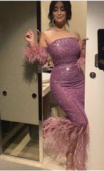 Sexy Mermaid Strapless Sequin Lilac Prom Dress With Feather P1205