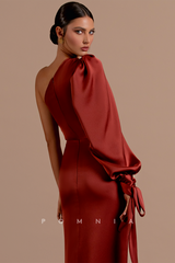 P1205 - One Shoulder Long Sleeves High Slit Pleats Long Prom Evening Dress