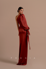 P1205 - One Shoulder Long Sleeves High Slit Pleats Long Prom Evening Dress