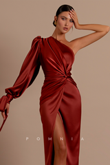 P1205 - One Shoulder Long Sleeves High Slit Pleats Long Prom Evening Dress