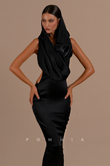 P1207 - Sheath Ruched SleevelessLong Satin  Pleats  Formal Evening Prom Dress