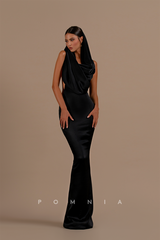 P1207 - Sheath Ruched SleevelessLong Satin  Pleats  Formal Evening Prom Dress