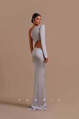 P1208 - One Shoulder Pleats High Slit Satin Long Prom Evening Dress with Sleeves
