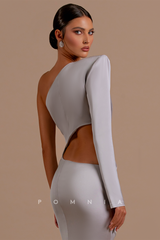 P1208 - One Shoulder Pleats High Slit Satin Long Prom Evening Dress with Sleeves