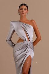 P1208 - One Shoulder Pleats High Slit Satin Long Prom Evening Dress with Sleeves