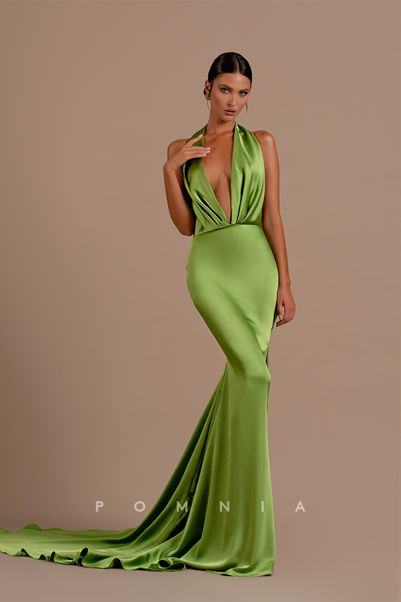 P1210 - Low-V-Neck Mermaid Pleats Sleeveless Prom Formal Evening Dress