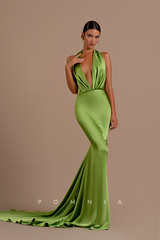 P1210 - Low-V-Neck Mermaid Pleats Sleeveless Prom Formal Evening Dress