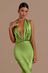P1210 - Low-V-Neck Mermaid Pleats Sleeveless Prom Formal Evening Dress