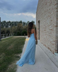 Sexy A Line Long Strapless Light Blue Slit Prom Dresses P1211