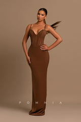 P1211 - Sexy Straps V-Neck Satin Sleeveless Long Evening Prom Party Dress