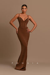 P1211 - Sexy Straps V-Neck Satin Sleeveless Long Evening Prom Party Dress