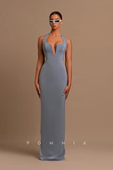 P1212 - Sheath/Column Halter V-Neck Sleeveless Long Satin Prom Evening Dress