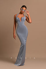 P1212 - Sheath/Column Halter V-Neck Sleeveless Long Satin Prom Evening Dress