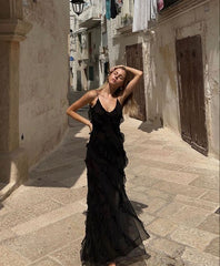 Sexy Sheath Long Straps Black Chiffon Prom Dresses P1213
