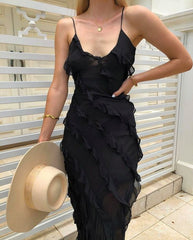 Sexy Sheath Long Straps Black Chiffon Prom Dresses P1213