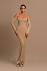 P1213 - Off-Shoulder Scoop Long Sleeves Satin Evening Prom Party Dress