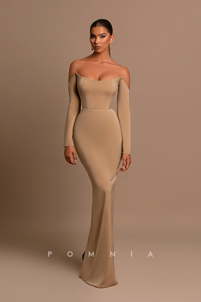 P1213 - Off-Shoulder Scoop Long Sleeves Satin Evening Prom Party Dress