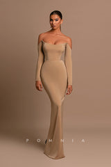 P1213 - Off-Shoulder Scoop Long Sleeves Satin Evening Prom Party Dress