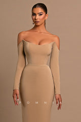 P1213 - Off-Shoulder Scoop Long Sleeves Satin Evening Prom Party Dress