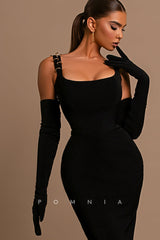 P1214 - Chic Scoop Straps  Sheath Black Velvet Evening Prom Dress with Gloves