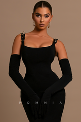 P1214 - Chic Scoop Straps  Sheath Black Velvet Evening Prom Dress with Gloves