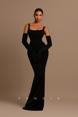 P1214 - Chic Scoop Straps  Sheath Black Velvet Evening Prom Dress with Gloves
