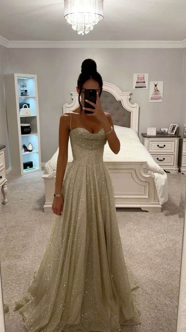 Sexy A line Long Straps Sequin Prom Dresses P1214