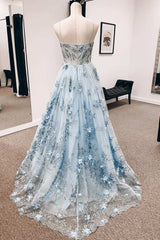 Vintage Blue 3D Floral Lace Sweetheart A-Line Long Prom Dress P1215