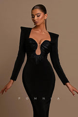 P1215 - Long Sleeves Low-Veck Sheath Long Satin Prom Evening Formal Dress