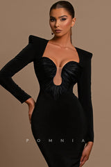 P1215 - Long Sleeves Low-Veck Sheath Long Satin Prom Evening Formal Dress