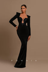 P1215 - Long Sleeves Low-Veck Sheath Long Satin Prom Evening Formal Dress