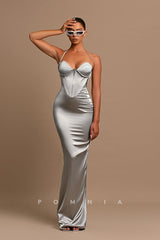 P1216 - Halter Sweetheart Pleats Sleeveless Sheath Satin Prom Evening Party Dress