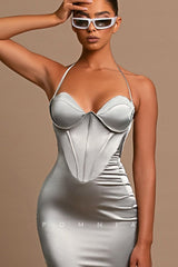 P1216 - Halter Sweetheart Pleats Sleeveless Sheath Satin Prom Evening Party Dress