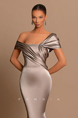 P1217 - One Shpoulder Pleats Cap Sleeves Satin Party Prom Evening Dress