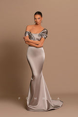 P1217 - One Shpoulder Pleats Cap Sleeves Satin Party Prom Evening Dress
