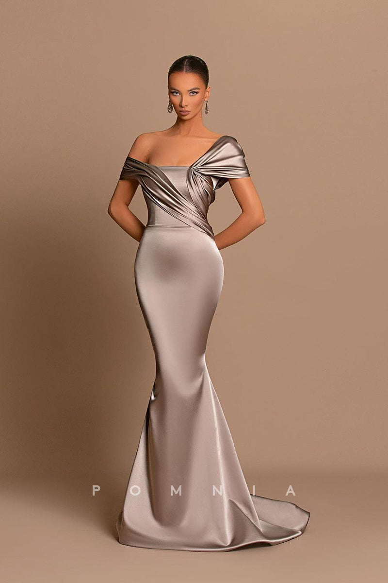 P1217 - One Shpoulder Pleats Cap Sleeves Satin Party Prom Evening Dress