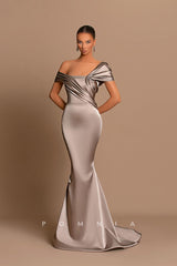 P1217 - One Shpoulder Pleats Cap Sleeves Satin Party Prom Evening Dress