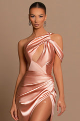 P1218 - Unique One Shoulder High Slit Pleats Prom Evening Party Dress