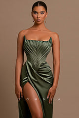 P1219 - Strapless Scoop Pleats Side Slit Long Satin Prom Party Evening Dress