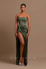 P1219 - Strapless Scoop Pleats Side Slit Long Satin Prom Party Evening Dress