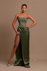 P1219 - Strapless Scoop Pleats Side Slit Long Satin Prom Party Evening Dress