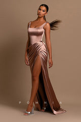 P1220 - Double Straps Square High Slit Sleeveless Prom Evening Formal Dress