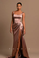 P1220 - Double Straps Square High Slit Sleeveless Prom Evening Formal Dress