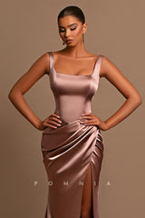 P1220 - Double Straps Square High Slit Sleeveless Prom Evening Formal Dress