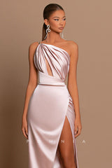 P1222 - One Shoulder Sleeveless Side Slit Satin Long Prom Party Evening Dress